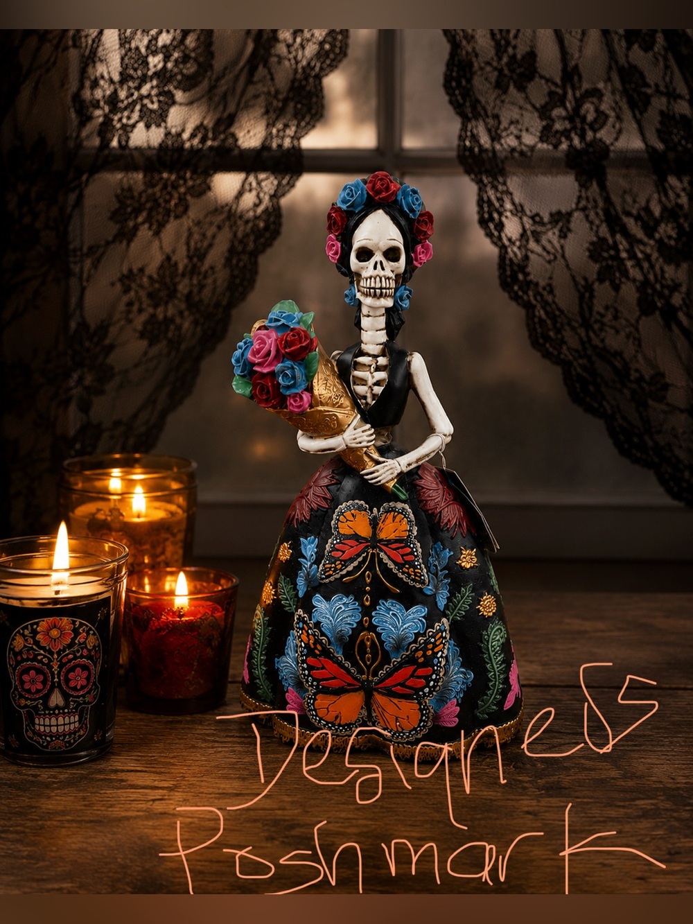 Day of the Dead Skeleton Figurine with Colorful Floral Dress - mujer mariposa